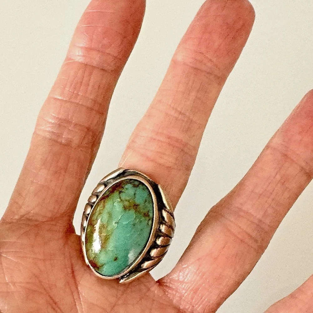 Big Navajo Mens Turquoise Ring Sz 10 Sterling Signed R Fans 24g Handmade Native